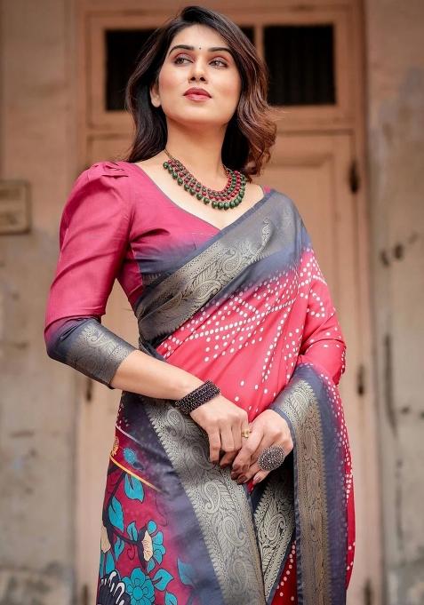 Red Floral Tussar Saree Set