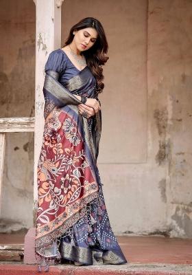 Blue Floral Tussar Saree Set