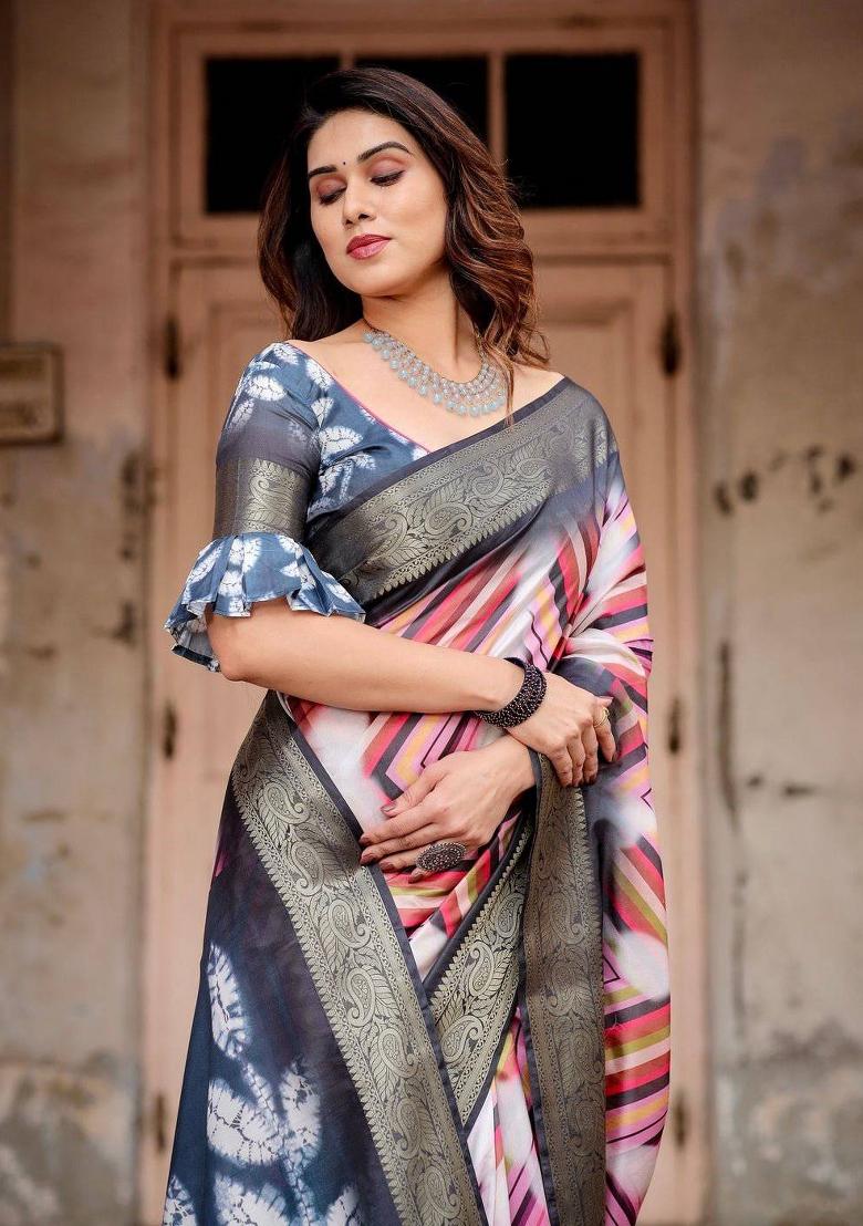 Multicolor Floral Tussar Saree Set