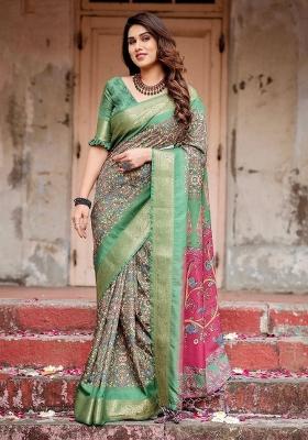 Green Floral Tussar Saree Set