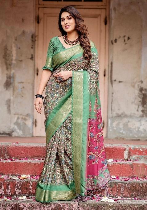 Green Floral Tussar Saree Set