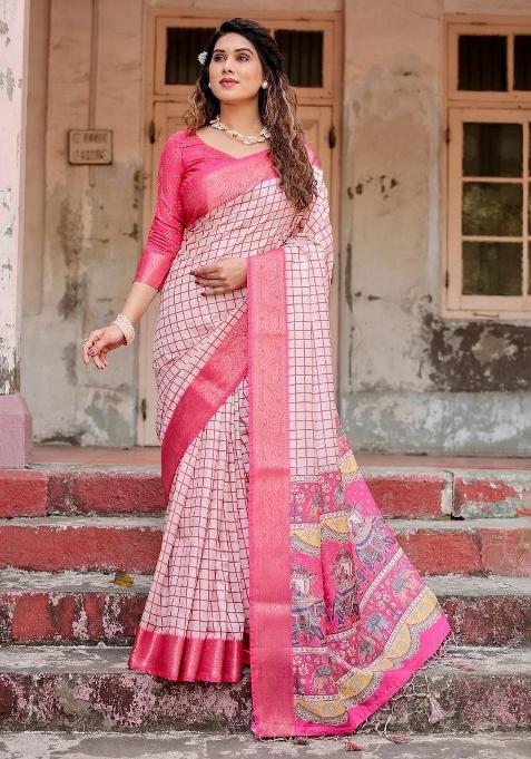 Pink Floral Tussar Saree Set