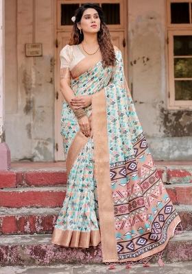 Beige Floral Tussar Saree Set