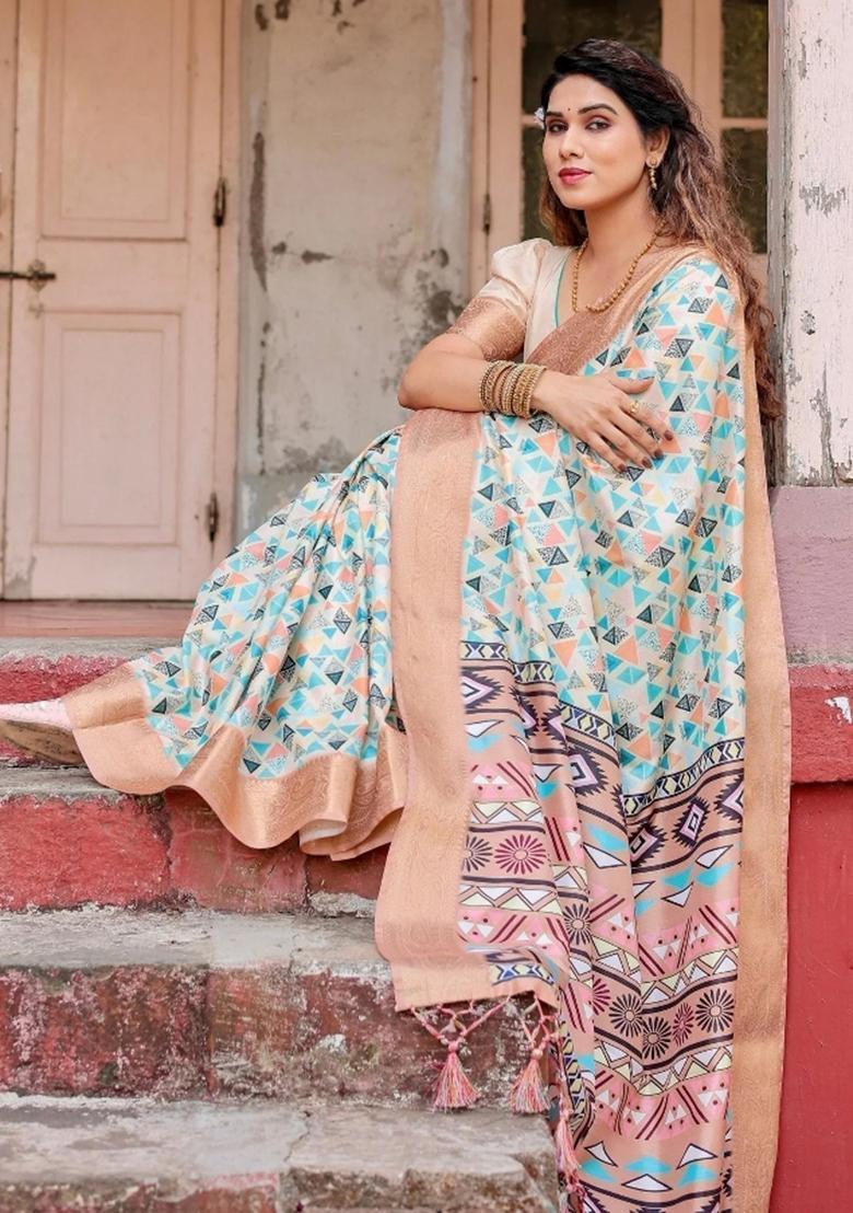 Beige Floral Tussar Saree Set