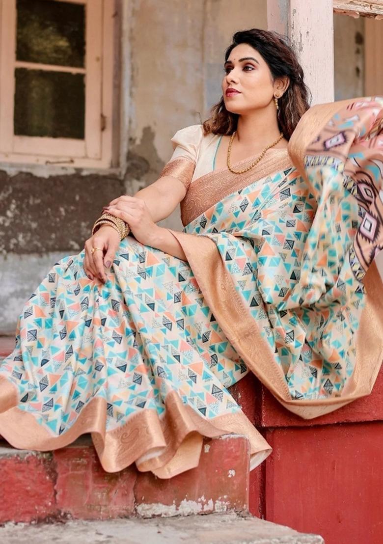 Beige Floral Tussar Saree Set