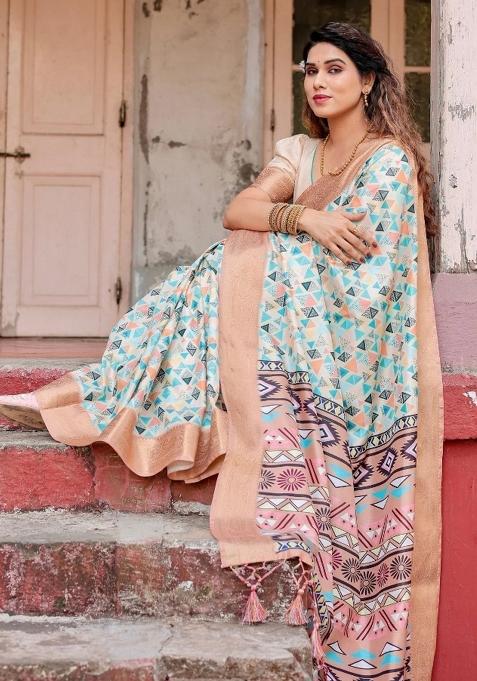 Beige Floral Tussar Saree Set