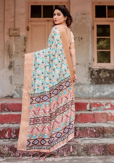 Beige Floral Tussar Saree Set