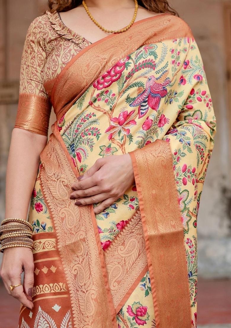 Beige Floral Tussar Saree Set