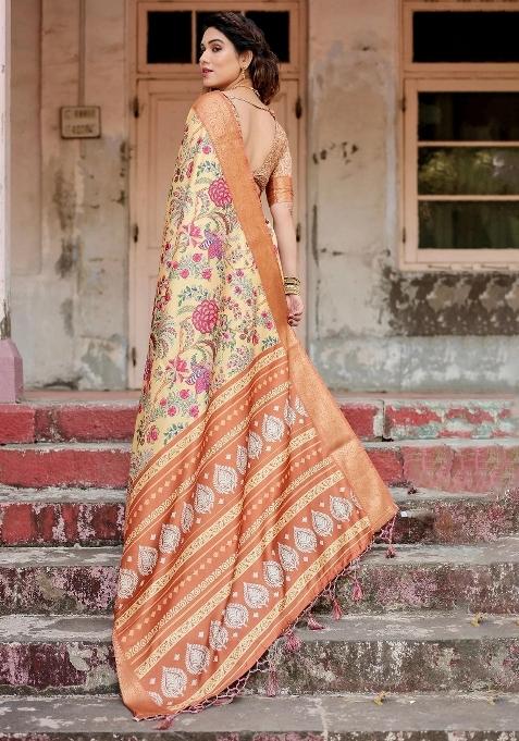 Beige Floral Tussar Saree Set