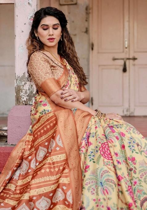 Beige Floral Tussar Saree Set