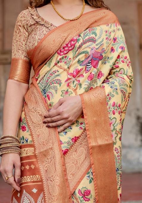 Beige Floral Tussar Saree Set