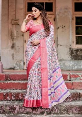 Pink Floral Tussar Saree Set