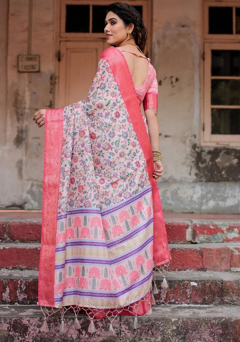 Pink Floral Tussar Saree Set