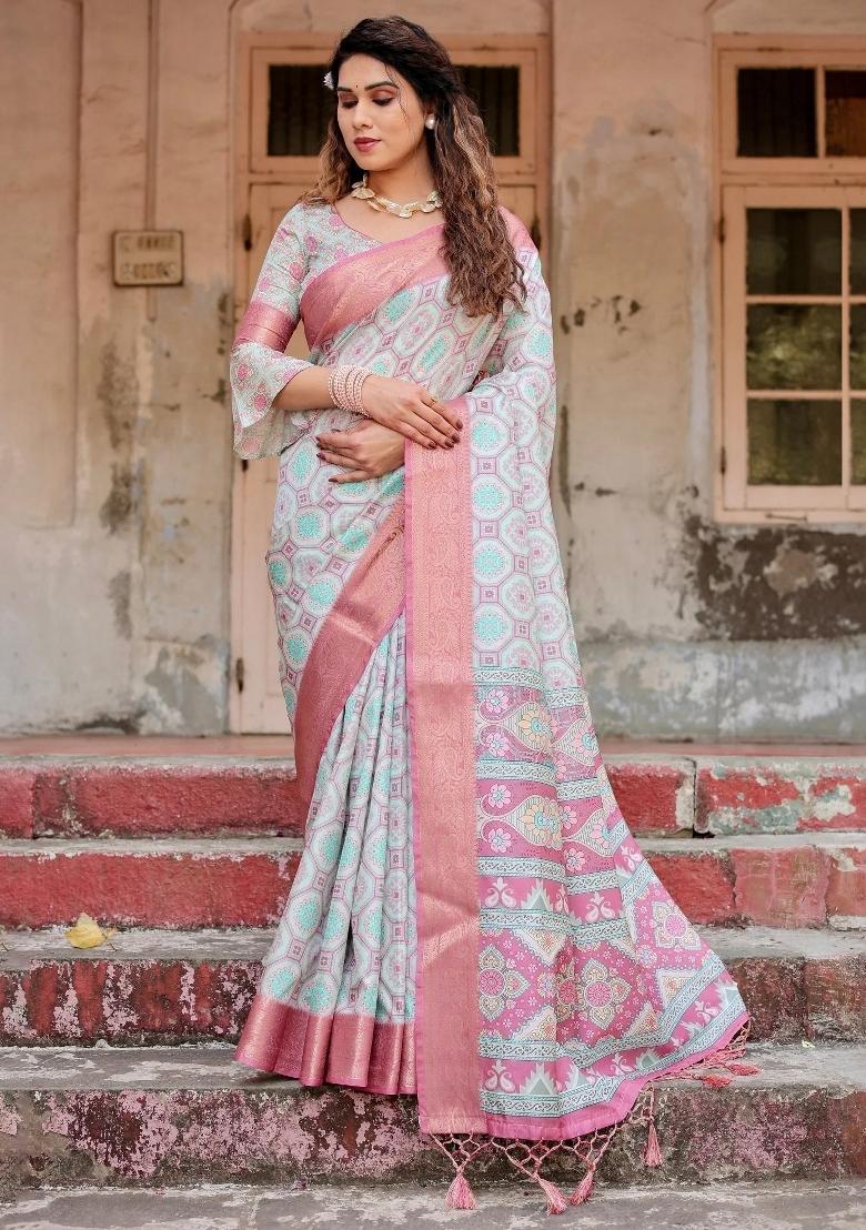 Pink Floral Tussar Saree Set