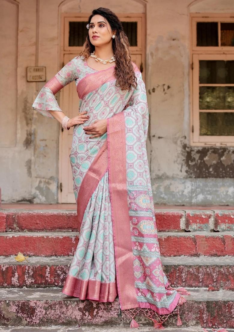 Pink Floral Tussar Saree Set