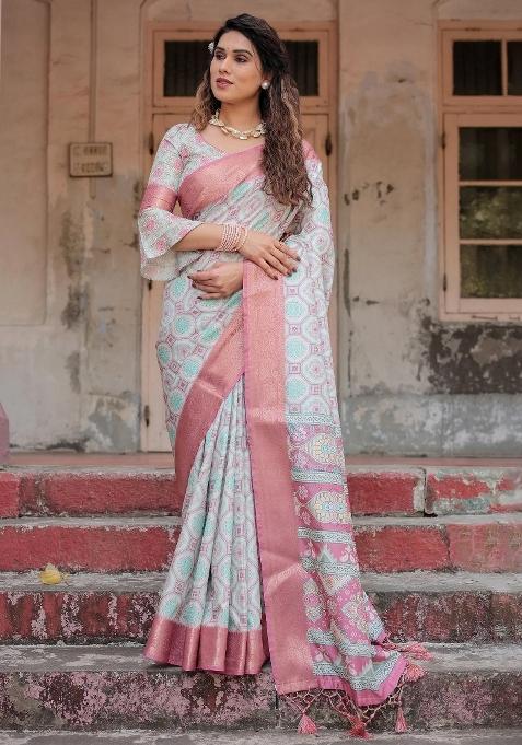 Pink Floral Tussar Saree Set