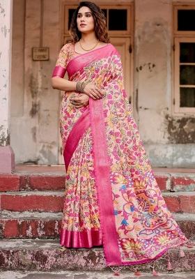 Peach Floral Tussar Saree Set