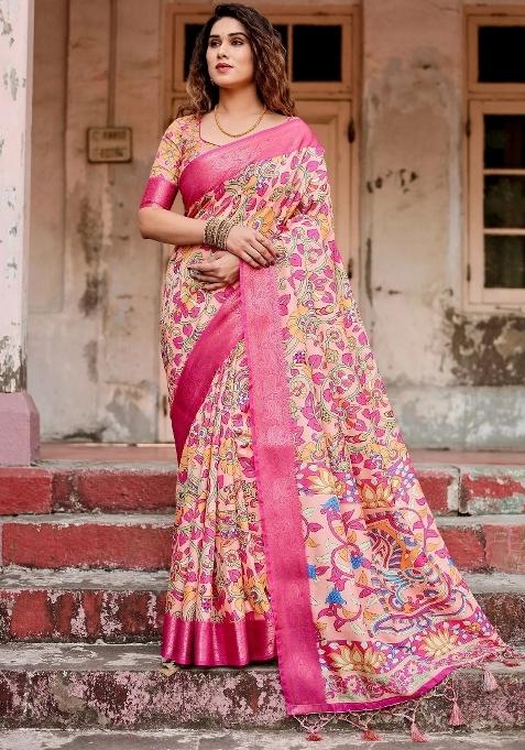 Peach Floral Tussar Saree Set