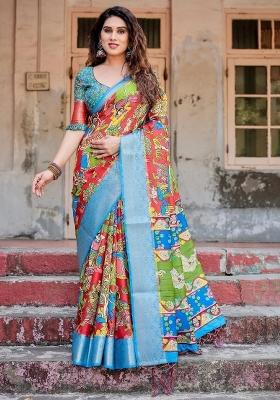 Multicolor Floral Tussar Saree Set