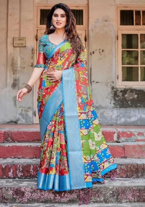Multicolor Floral Tussar Saree Set