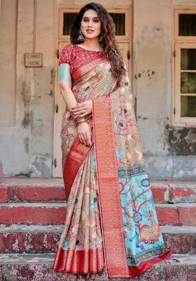 Beige Floral Tussar Saree Set