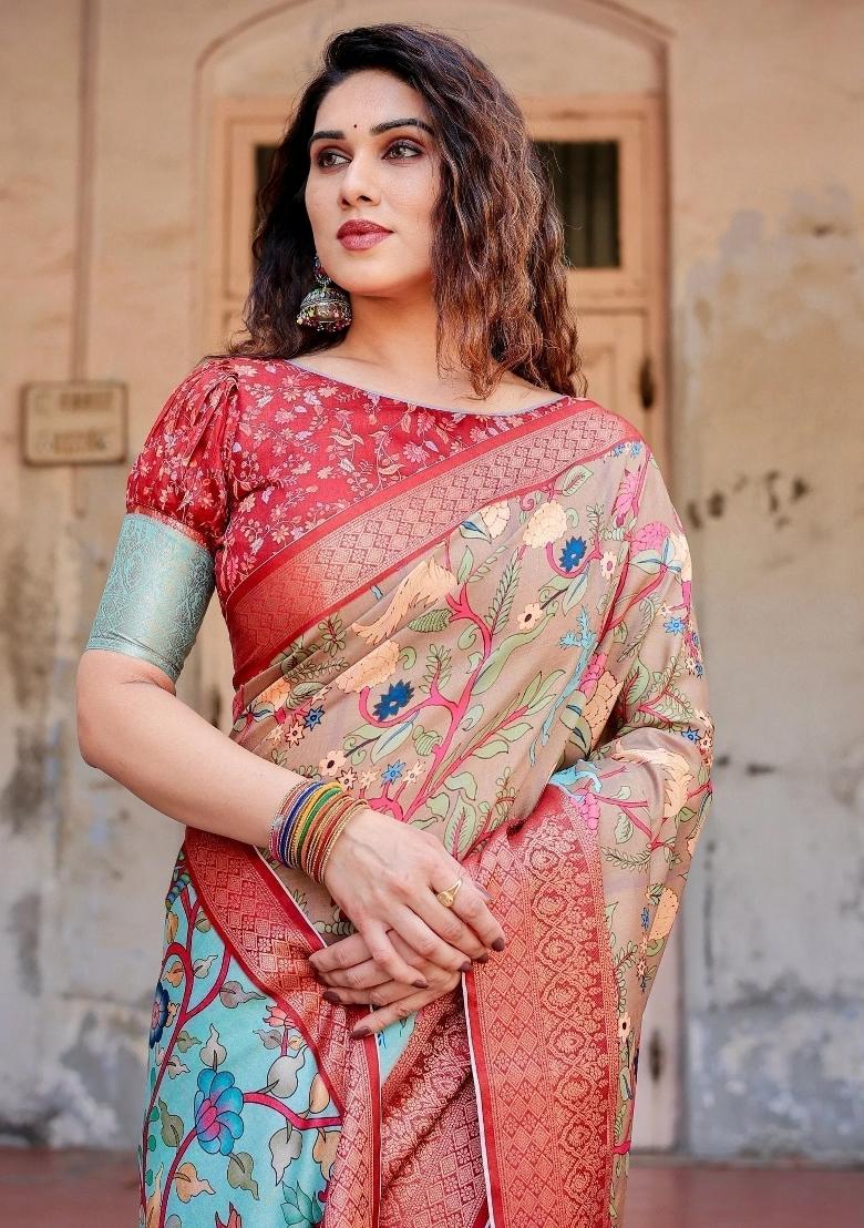 Beige Floral Tussar Saree Set - Indya