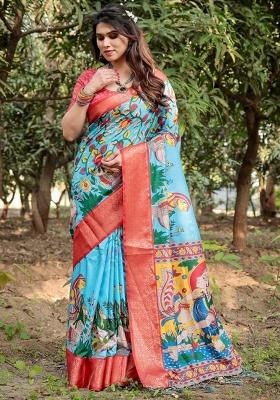 Blue Floral Tussar Saree Set