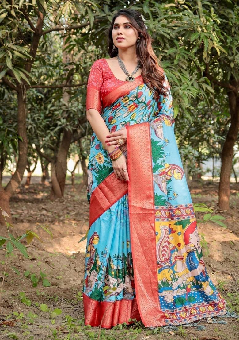 Blue Floral Tussar Saree Set - Indya