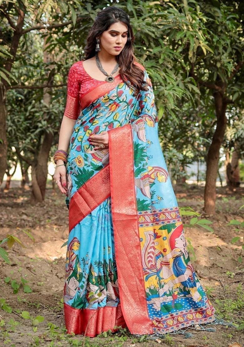 Blue Floral Tussar Saree Set - Indya