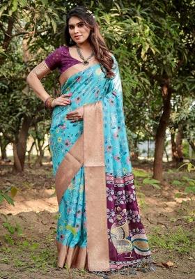 Blue Floral Tussar Saree Set