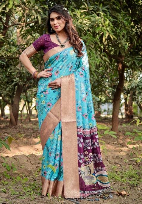 Blue Floral Tussar Saree Set