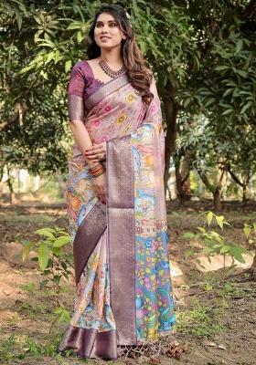 Beige Floral Tussar Saree Set