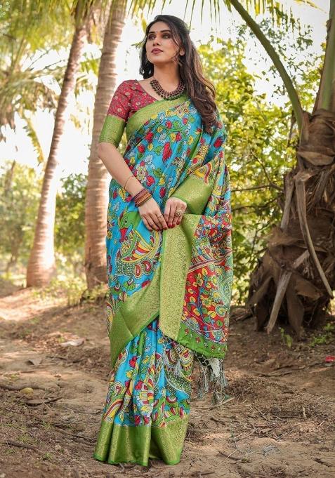 Peacock Floral Tussar Saree Set