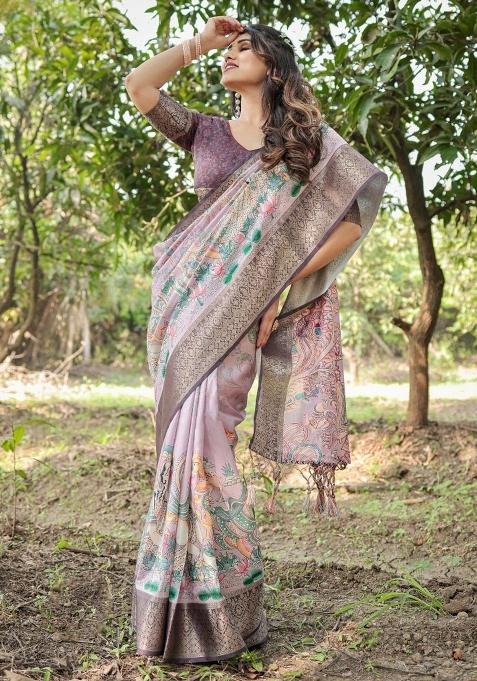 Lilac Floral Tussar Saree Set