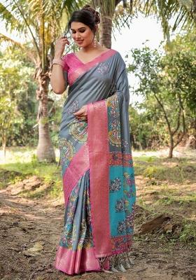 Grey Floral Tussar Saree Set