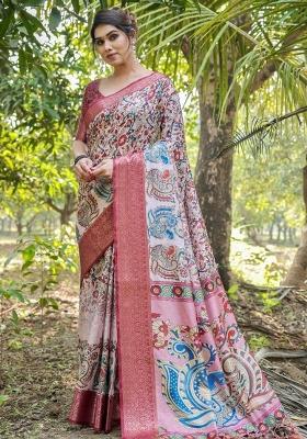 Pink Floral Tussar Saree Set