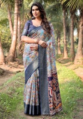 Blue Floral Tussar Saree Set