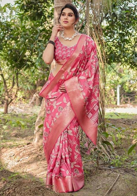 Pink Floral Tussar Saree Set