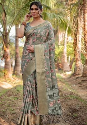 Olive Floral Tussar Saree Set