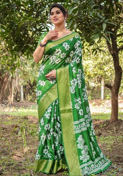 Green Floral Tussar Saree Set