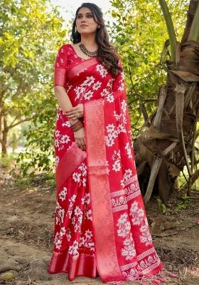 Red Floral Tussar Saree Set