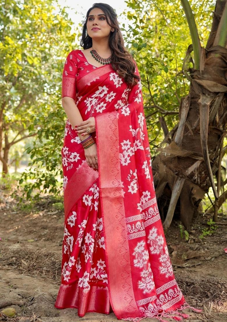 Red Floral Tussar Saree Set