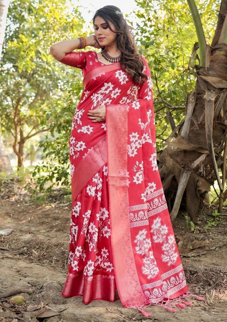 Red Floral Tussar Saree Set