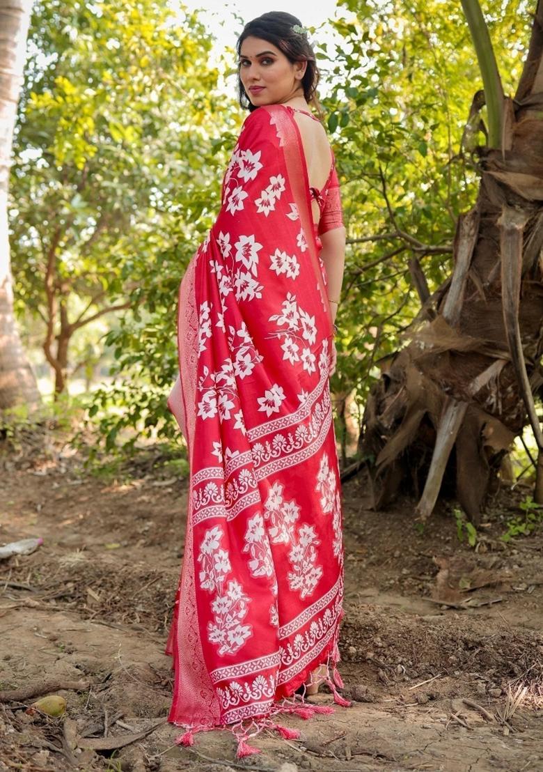 Red Floral Tussar Saree Set