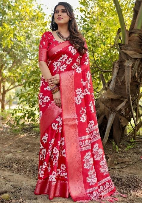 Red Floral Tussar Saree Set