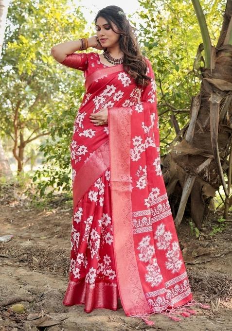 Red Floral Tussar Saree Set