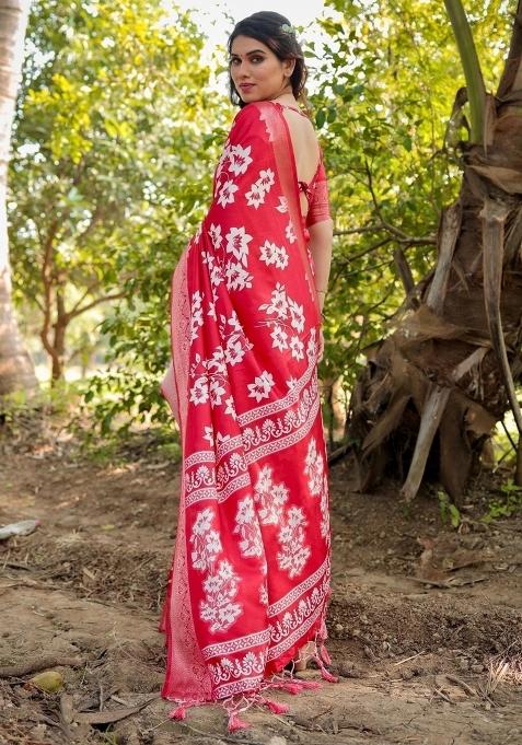 Red Floral Tussar Saree Set