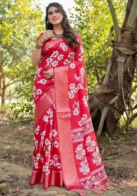 Red Floral Tussar Saree Set