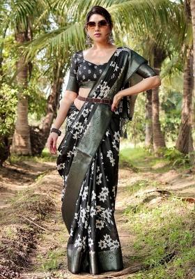 Black Floral Tussar Saree Set