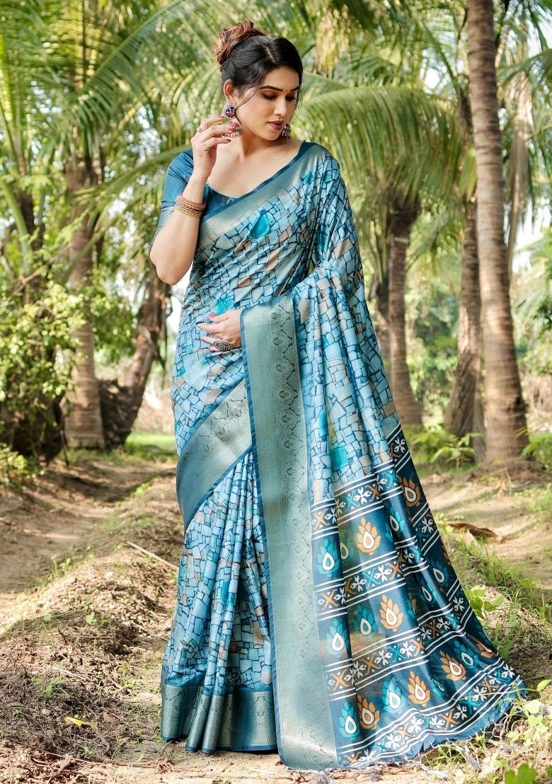 Blue Floral Tussar Saree Set